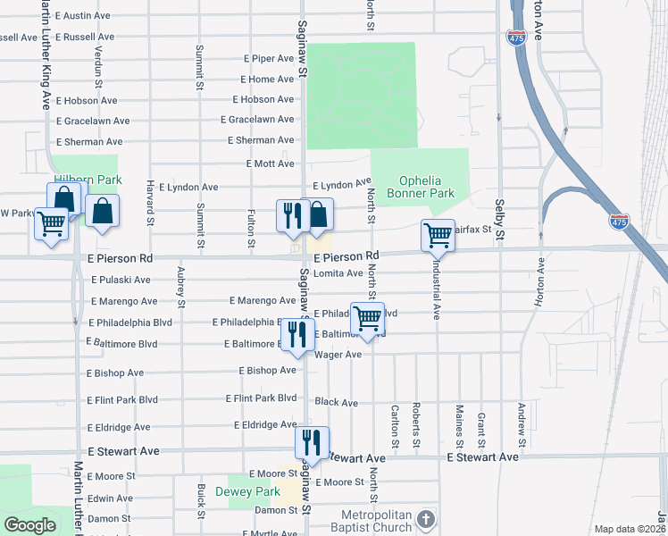 map of restaurants, bars, coffee shops, grocery stores, and more near 729 Lomita Avenue in Flint