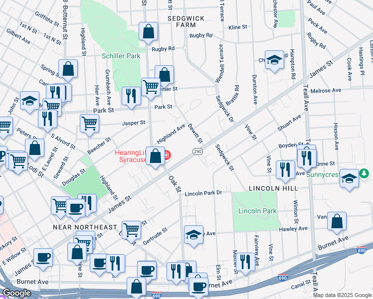 map of restaurants, bars, coffee shops, grocery stores, and more near 1045 James Street in Syracuse