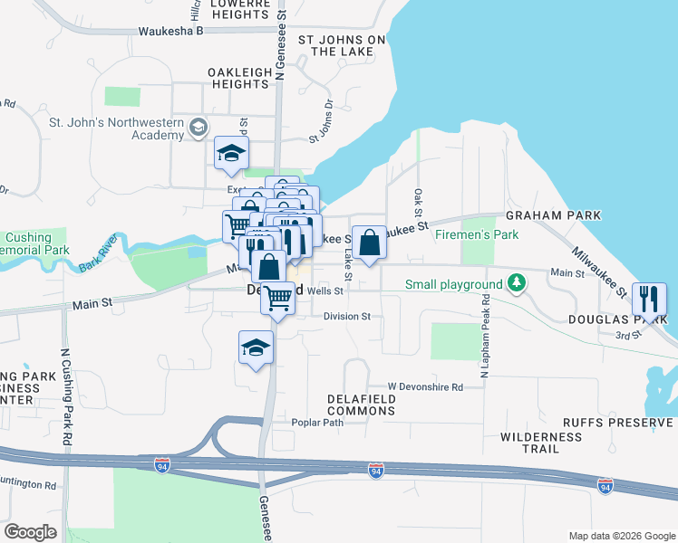 map of restaurants, bars, coffee shops, grocery stores, and more near 730 Main Street in Delafield