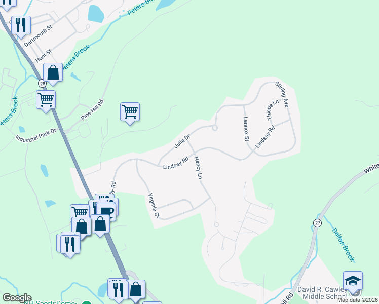 map of restaurants, bars, coffee shops, grocery stores, and more near 32 Lindsay Road in Hooksett
