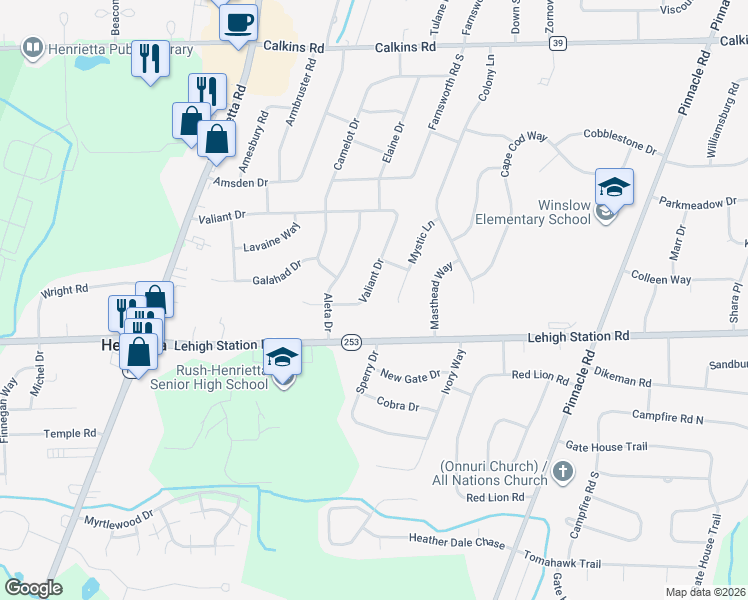map of restaurants, bars, coffee shops, grocery stores, and more near 260 Valiant Drive in Rochester