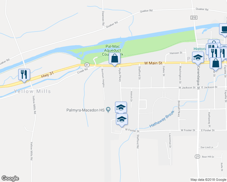 map of restaurants, bars, coffee shops, grocery stores, and more near 121 Hyde Parkway in Palmyra