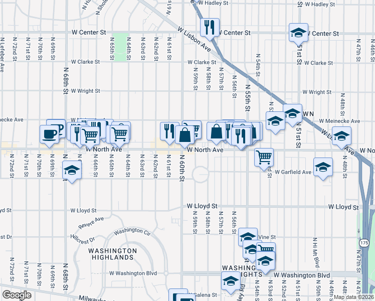 map of restaurants, bars, coffee shops, grocery stores, and more near 5919 W North Ave in Milwaukee