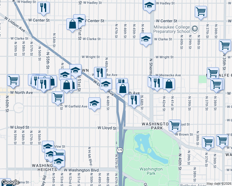map of restaurants, bars, coffee shops, grocery stores, and more near W North Ave & N 47th St in Milwaukee