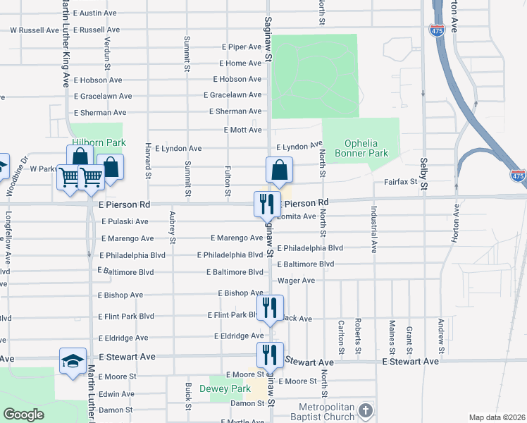 map of restaurants, bars, coffee shops, grocery stores, and more near 5111 Saginaw Street in Flint