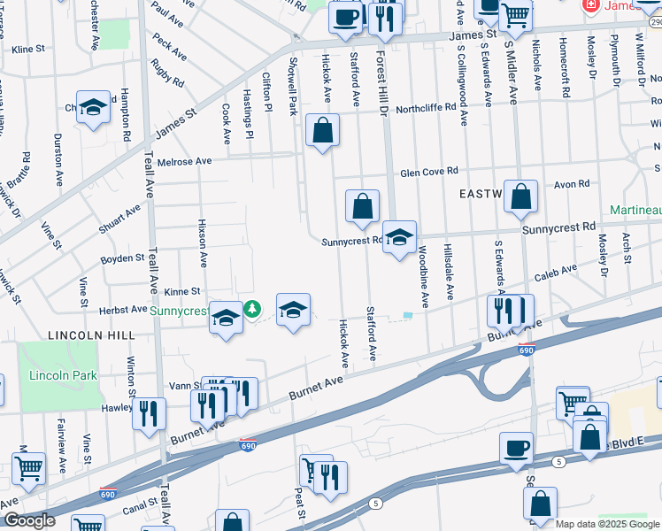 map of restaurants, bars, coffee shops, grocery stores, and more near 430-34 Hickok Avenue in Syracuse