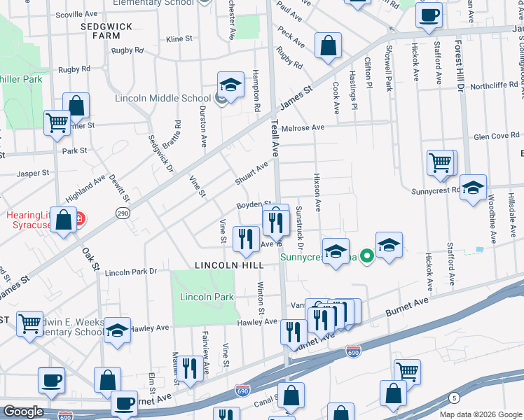 map of restaurants, bars, coffee shops, grocery stores, and more near 320 Boyden Street in Syracuse