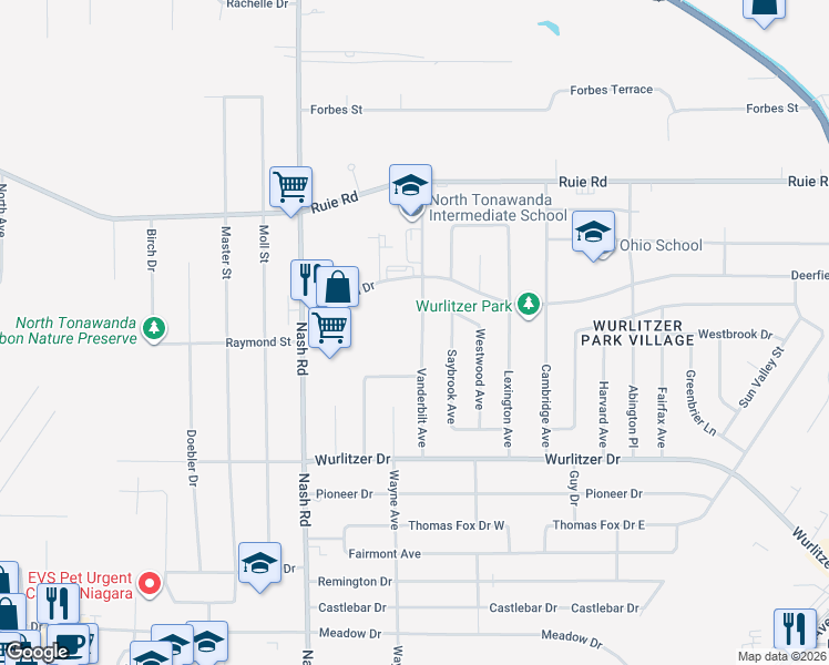 map of restaurants, bars, coffee shops, grocery stores, and more near 1394 Vanderbilt Avenue in North Tonawanda