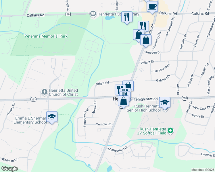map of restaurants, bars, coffee shops, grocery stores, and more near 59 Wright Road in Henrietta
