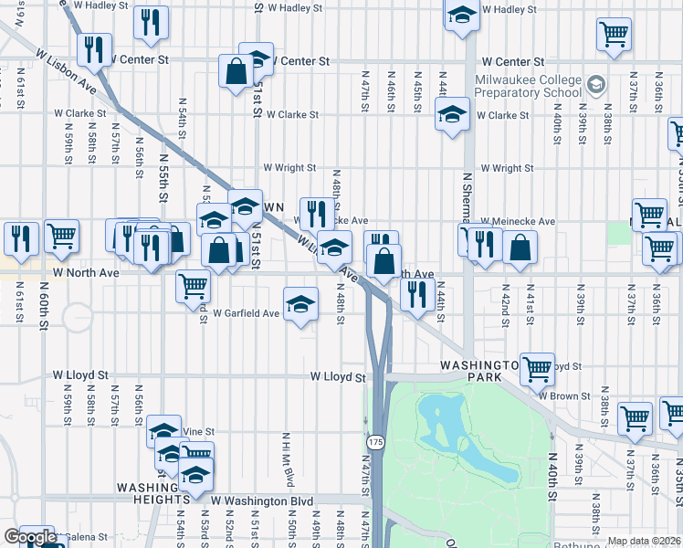 map of restaurants, bars, coffee shops, grocery stores, and more near W North Ave & N 48th St in Milwaukee