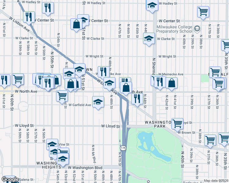map of restaurants, bars, coffee shops, grocery stores, and more near W North Ave & W Lisbon Ave in Milwaukee