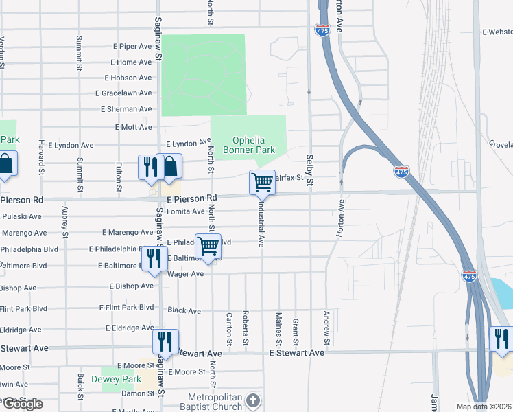 map of restaurants, bars, coffee shops, grocery stores, and more near 945 Lomita Avenue in Flint