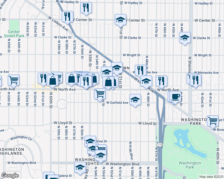 map of restaurants, bars, coffee shops, grocery stores, and more near W North Ave & N 52nd St in Milwaukee