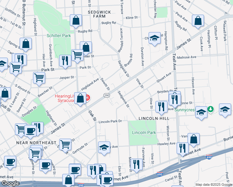 map of restaurants, bars, coffee shops, grocery stores, and more near 1100 James Street in Syracuse