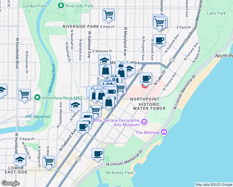 map of restaurants, bars, coffee shops, grocery stores, and more near 2018 East North Avenue in Milwaukee