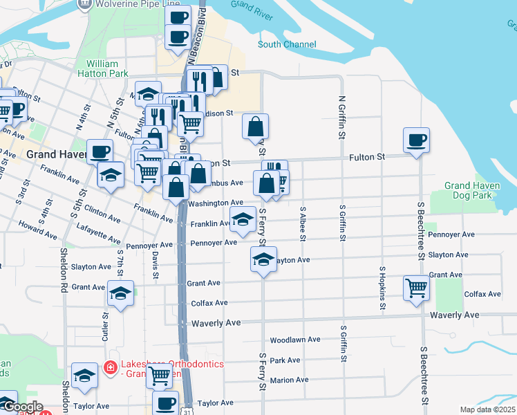 map of restaurants, bars, coffee shops, grocery stores, and more near 1052 Washington Avenue in Grand Haven