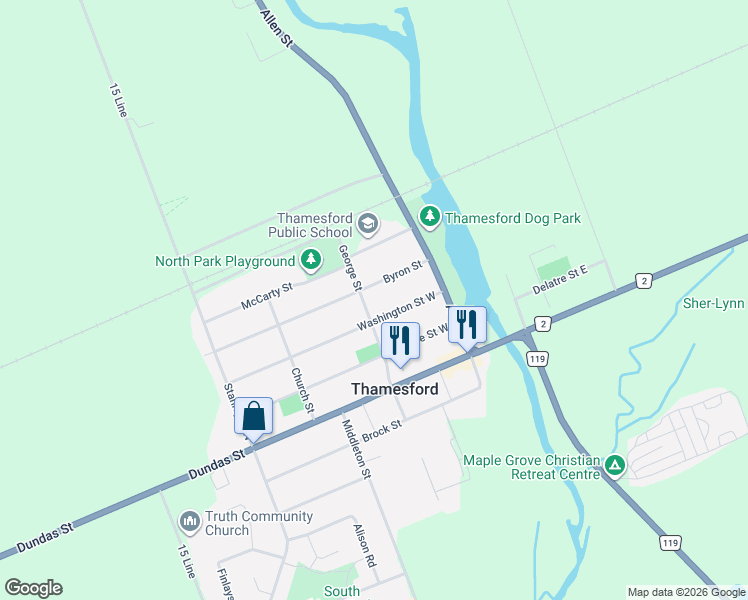 map of restaurants, bars, coffee shops, grocery stores, and more near 144 Washington Street in Thamesford