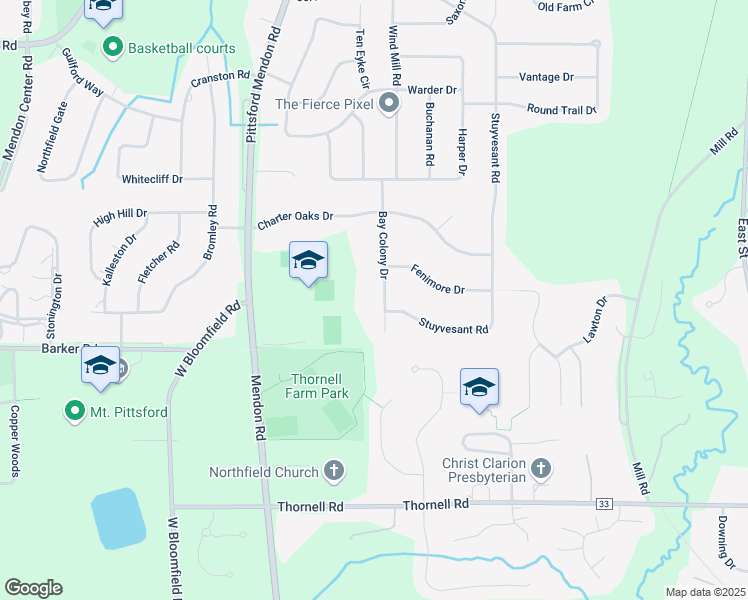map of restaurants, bars, coffee shops, grocery stores, and more near 21 Bay Colony Drive in Pittsford