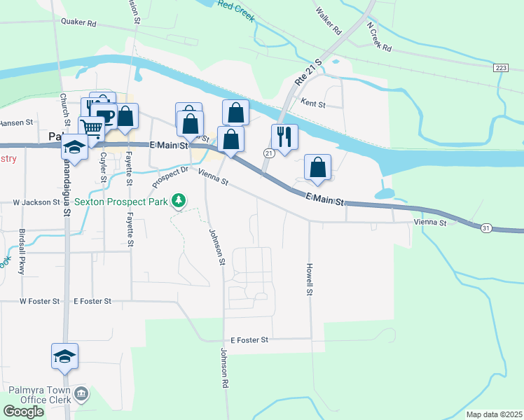 map of restaurants, bars, coffee shops, grocery stores, and more near 316 Vienna Street in Palmyra