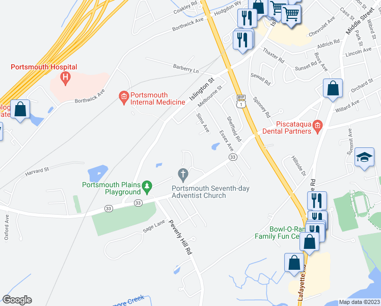 map of restaurants, bars, coffee shops, grocery stores, and more near 777 Middle Road in Portsmouth