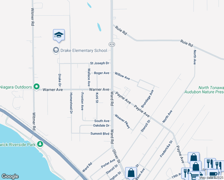 map of restaurants, bars, coffee shops, grocery stores, and more near Ward Road & Payne Avenue in North Tonawanda