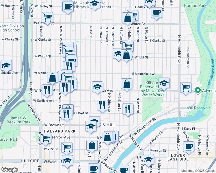 map of restaurants, bars, coffee shops, grocery stores, and more near 2316-2318 North Hubbard Street in Milwaukee