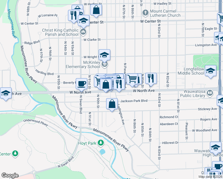 map of restaurants, bars, coffee shops, grocery stores, and more near 8816 West North Avenue in Wauwatosa