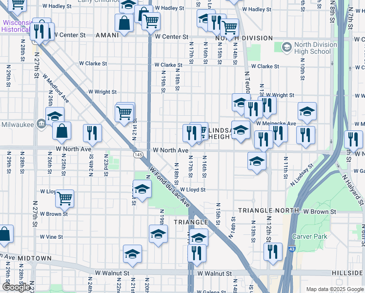 map of restaurants, bars, coffee shops, grocery stores, and more near 1730 West North Avenue in Milwaukee
