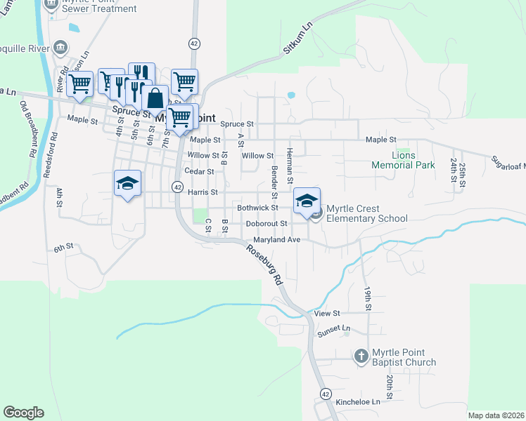 map of restaurants, bars, coffee shops, grocery stores, and more near 1362 Bothwick Street in Myrtle Point