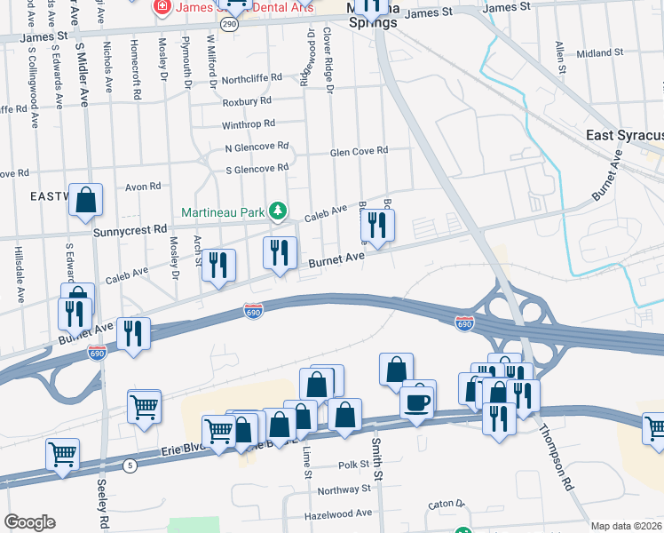 map of restaurants, bars, coffee shops, grocery stores, and more near 3056 Burnet Avenue in Syracuse