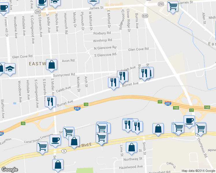 map of restaurants, bars, coffee shops, grocery stores, and more near 2913 Burnet Avenue in Syracuse