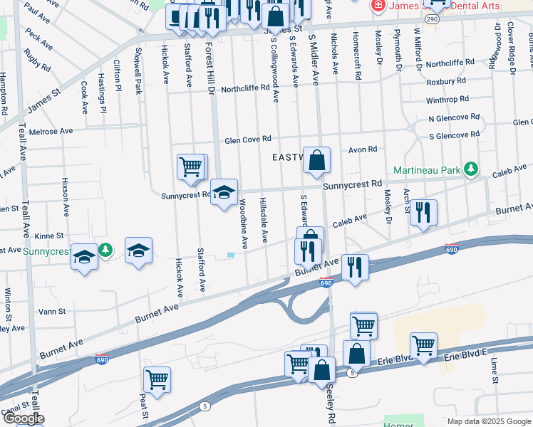 map of restaurants, bars, coffee shops, grocery stores, and more near 440 Hillsdale Avenue in Syracuse