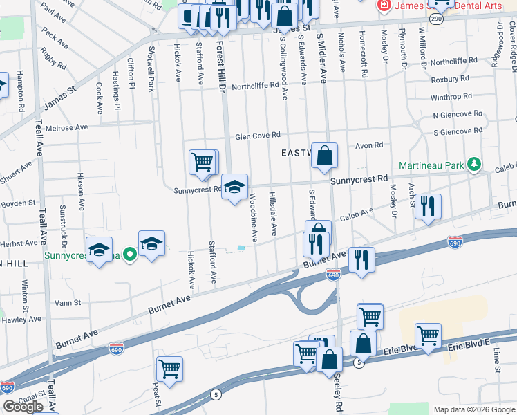map of restaurants, bars, coffee shops, grocery stores, and more near 440 Hillsdale Avenue in Syracuse