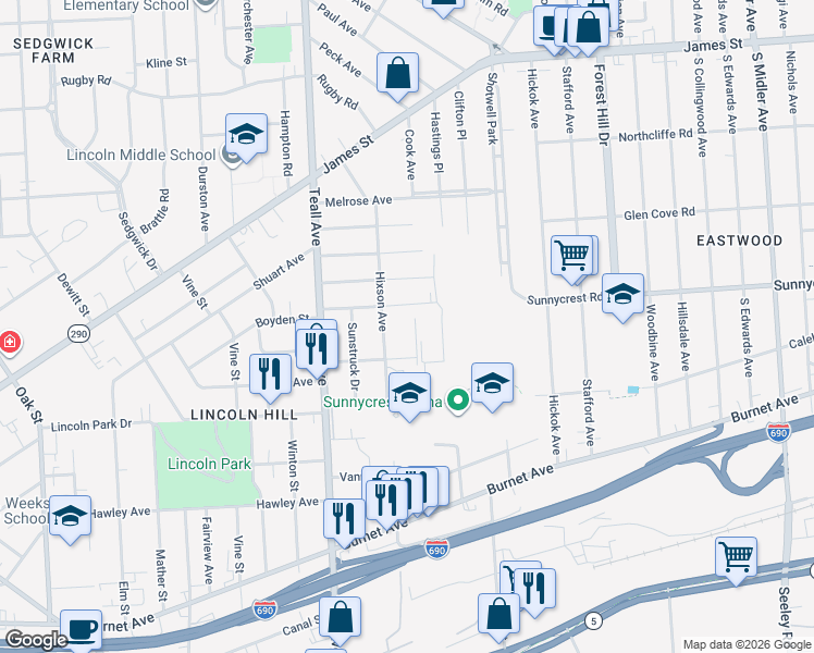 map of restaurants, bars, coffee shops, grocery stores, and more near 225 Saint Anne Drive in Syracuse