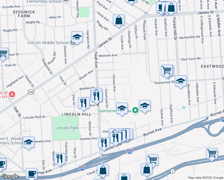 map of restaurants, bars, coffee shops, grocery stores, and more near 226 Sunstruck Drive in Syracuse