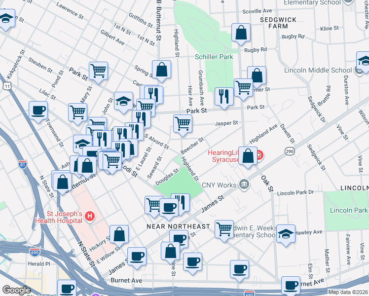 map of restaurants, bars, coffee shops, grocery stores, and more near in Syracuse
