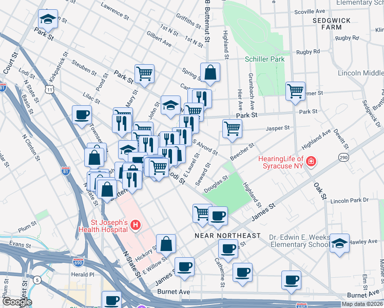 map of restaurants, bars, coffee shops, grocery stores, and more near 729 East Laurel Street in Syracuse