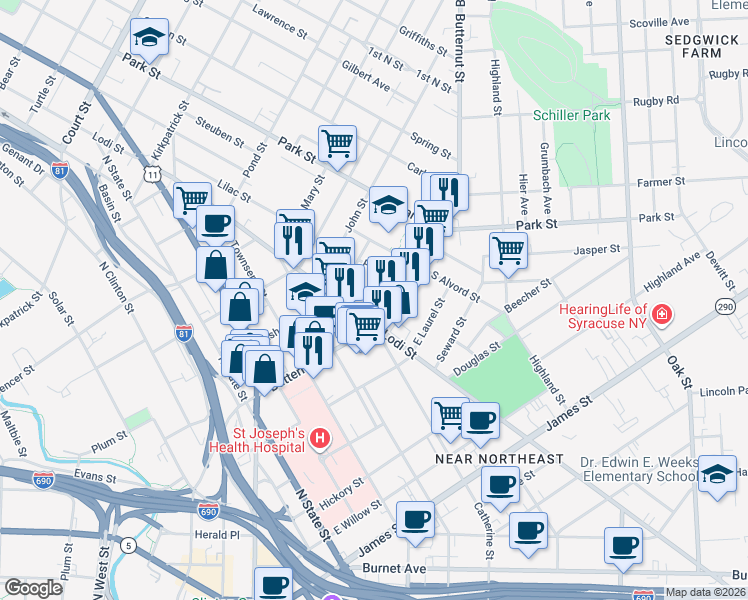map of restaurants, bars, coffee shops, grocery stores, and more near 1416 Lodi Street in Syracuse