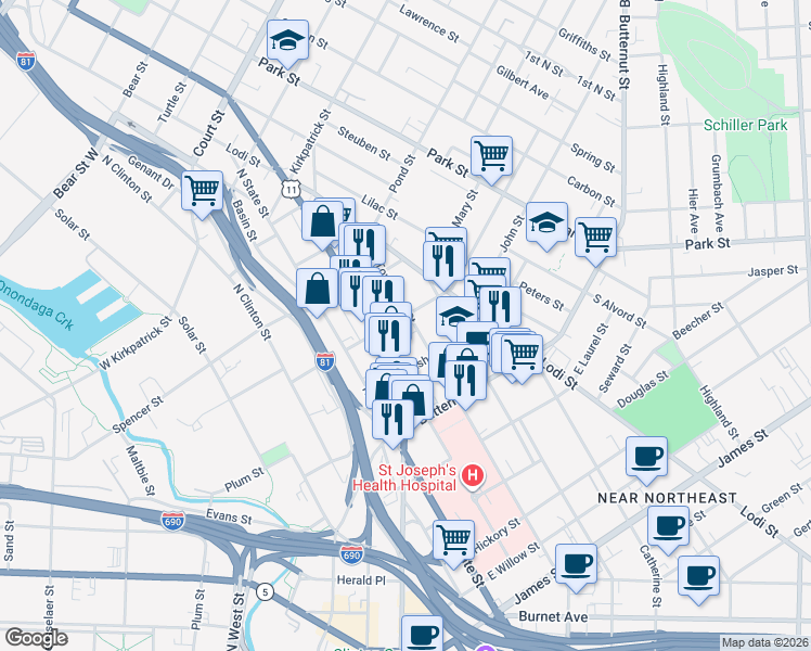 map of restaurants, bars, coffee shops, grocery stores, and more near 917 North Townsend Street in Syracuse