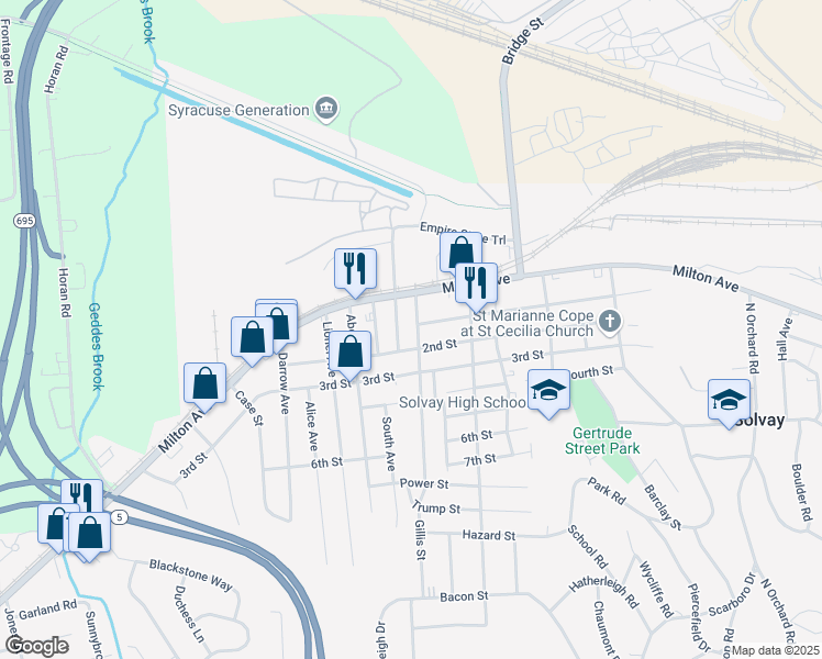 map of restaurants, bars, coffee shops, grocery stores, and more near 202 Center Street in Syracuse
