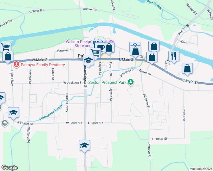 map of restaurants, bars, coffee shops, grocery stores, and more near 226 Cuyler Street in Palmyra