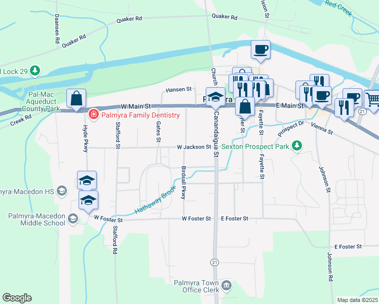 map of restaurants, bars, coffee shops, grocery stores, and more near 130 West Jackson Street in Palmyra