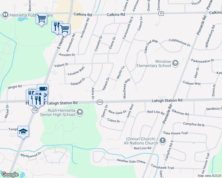 map of restaurants, bars, coffee shops, grocery stores, and more near 260 Valiant Drive in Rochester