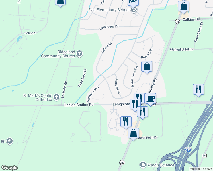 map of restaurants, bars, coffee shops, grocery stores, and more near 166 Brandy Wine Terrace South in Rochester
