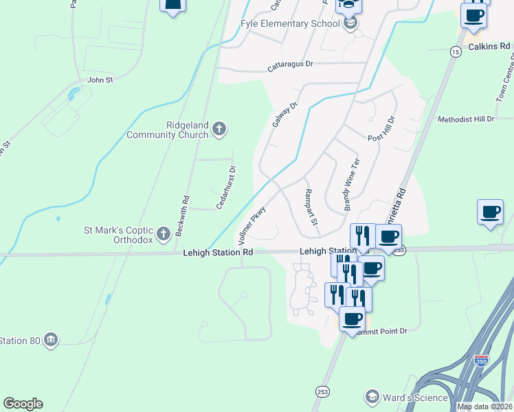 map of restaurants, bars, coffee shops, grocery stores, and more near 307 Vollmer Parkway in West Henrietta