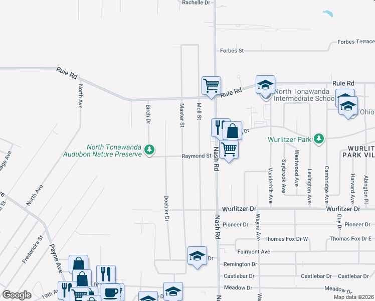 map of restaurants, bars, coffee shops, grocery stores, and more near 1377 Master Street in North Tonawanda