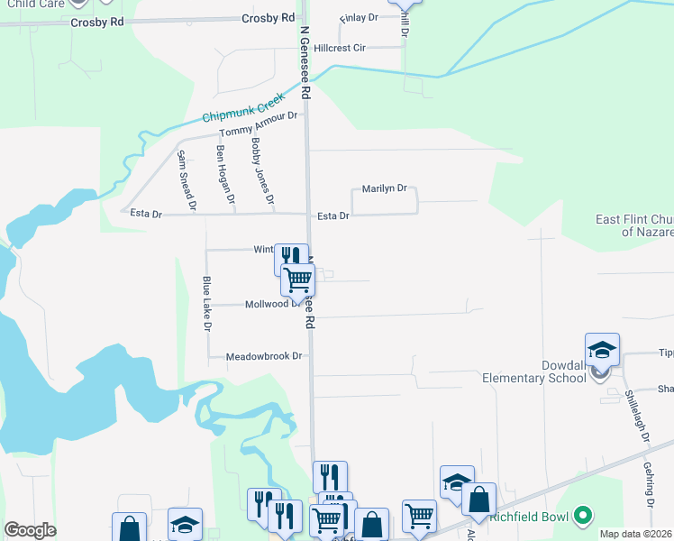map of restaurants, bars, coffee shops, grocery stores, and more near 5051 Watson Drive in Flint
