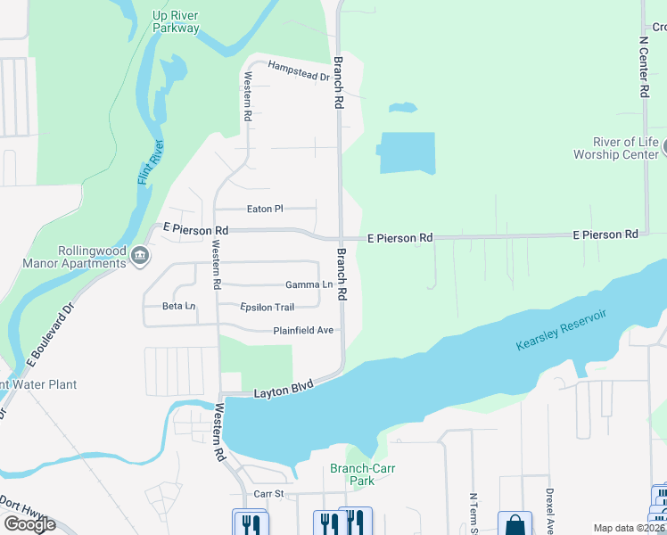 map of restaurants, bars, coffee shops, grocery stores, and more near G3484 Branch Road in Flint