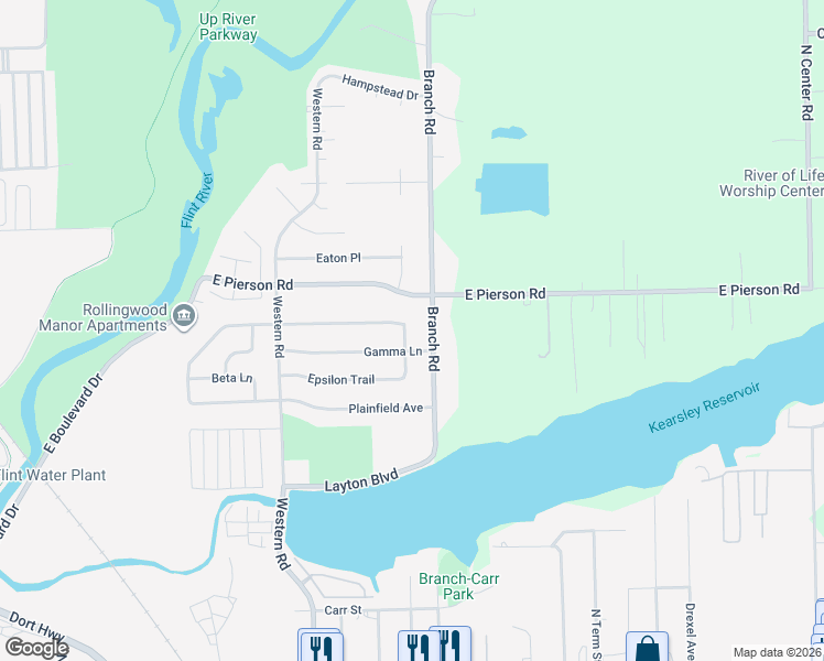 map of restaurants, bars, coffee shops, grocery stores, and more near 5007 Delta Drive in Flint
