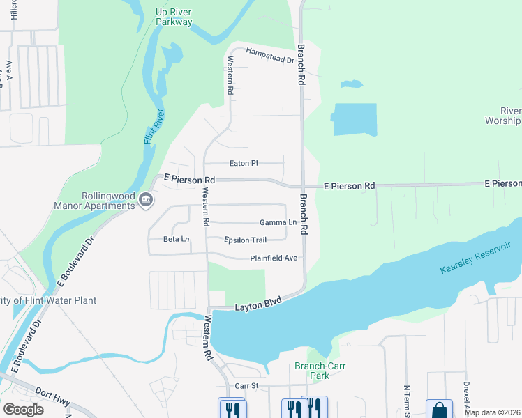 map of restaurants, bars, coffee shops, grocery stores, and more near 2901 Gamma Lane in Flint